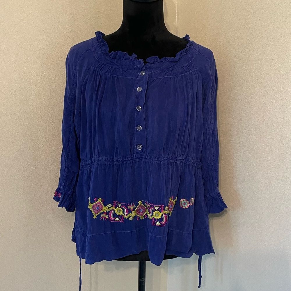 Johnny was blue embroidered blouse small - Picture 2 of 10